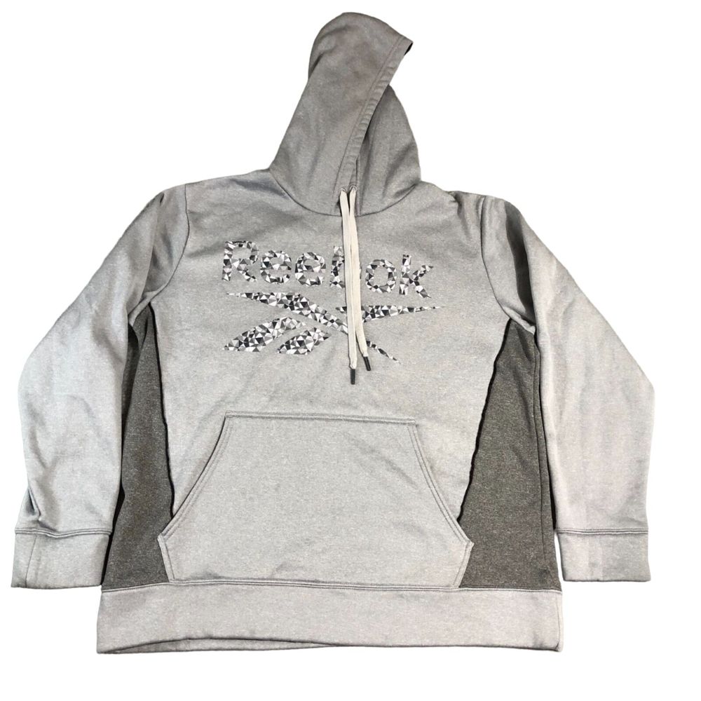Reebok Hoodie Men Medium Gray Sweater Pullover Graphic Sportswear Logo Spell Out
